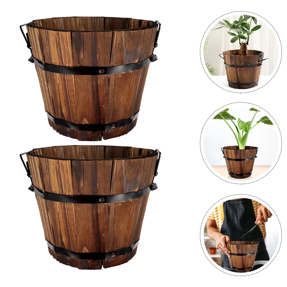 

2 Pcs Flowerpot Galvanized Bucket Practical Wooden Planter Preservative Creative Succulent Carbonized