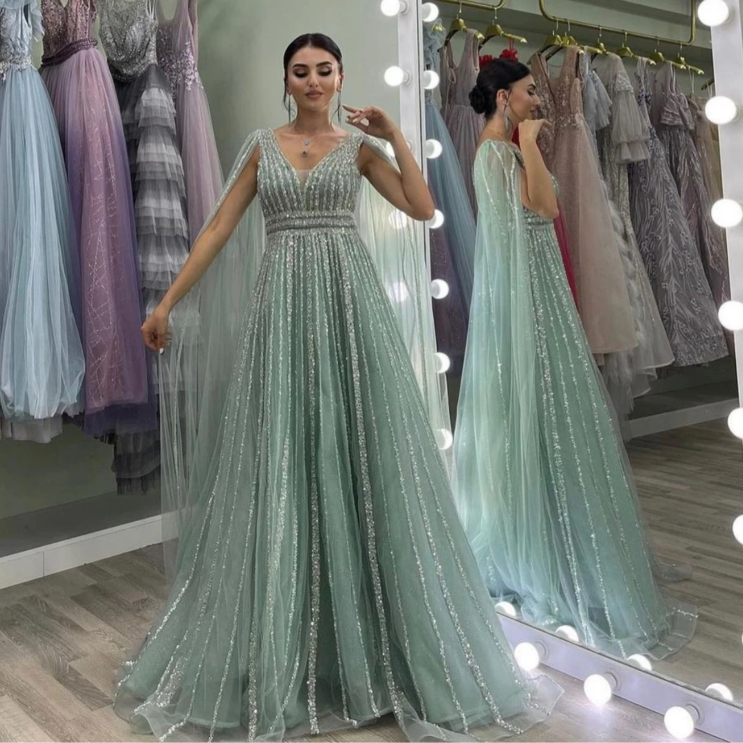 

VD Handmade Beaded Sequins Strips Tulle Prom Dresses V Neck Flutter Sleeves Dubai Women Wear Evening Party Gowns Saudi Arabia