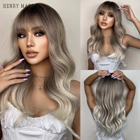 henry margu long wavy ash blonde ombre hair wig with bangs heat resistant cosplay synthetic wig for women daily natural wig