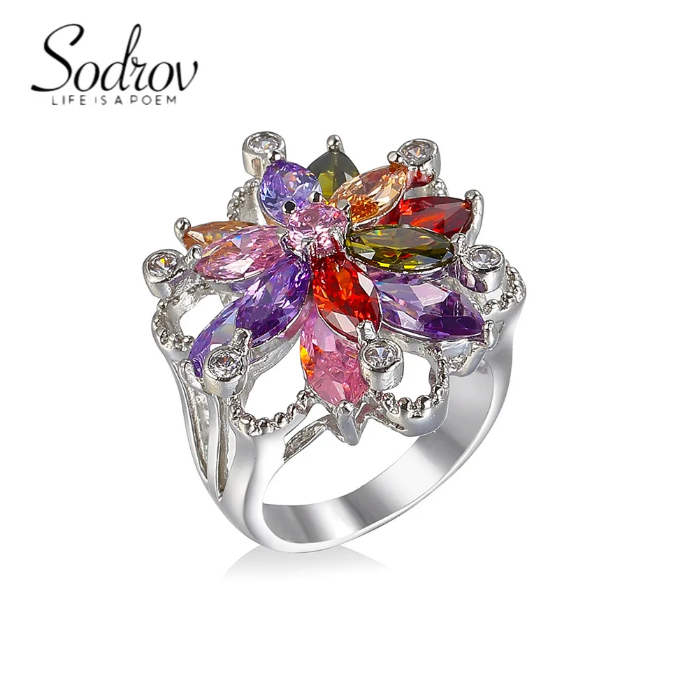 

SODROV Multicolor AAA Cubic Zirconia Platinum Plated Multi-Stone Ring for Women Girl Party Club Fashion Jewelry Size 6 7 8 9 10