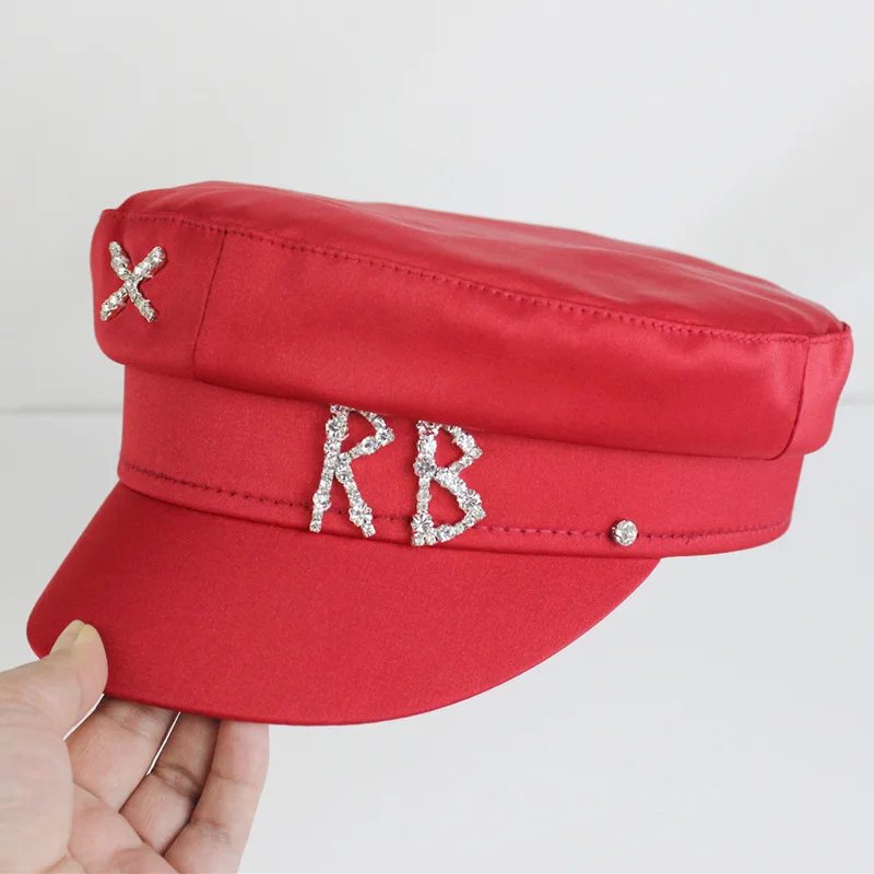 

Women Spring Summer Newsboy Caps Rhinestone Alphabet Military Hat Fashion Causal Travel Satin Flat Top Visors Cap