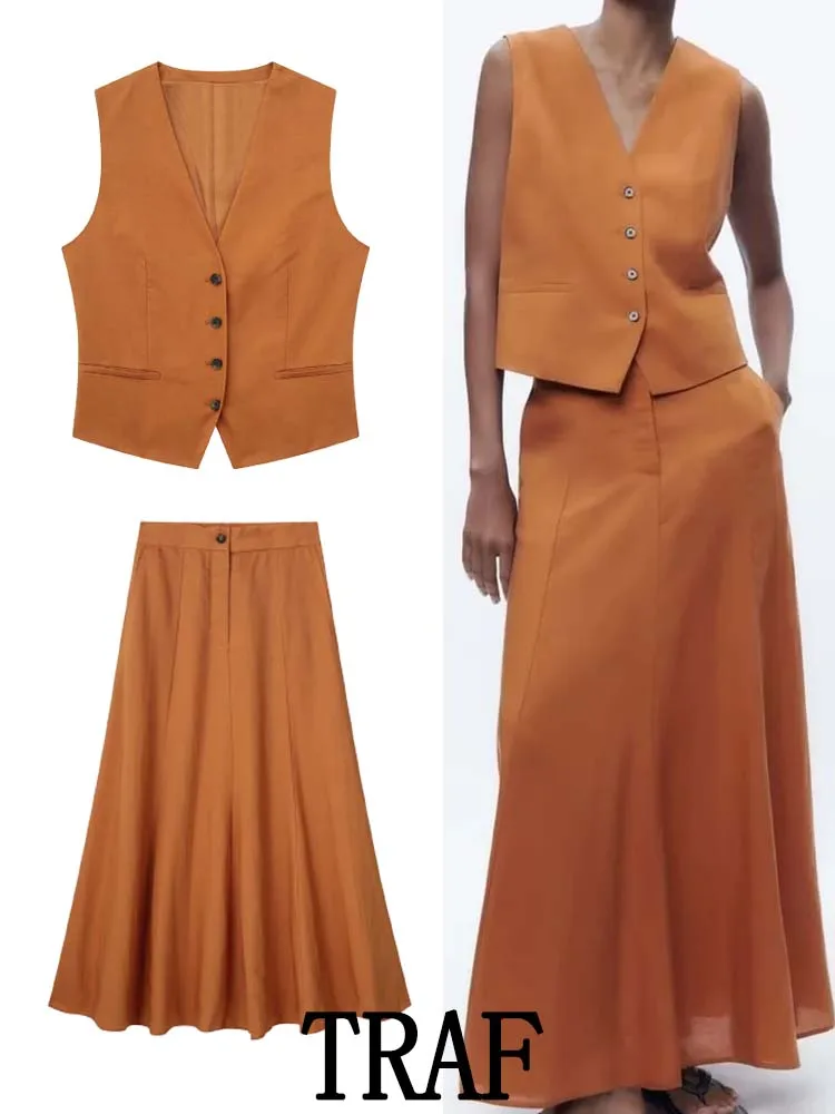 

TRAF 2023 Women 2 Pieces Sets Fashion Single Breasted Blazer Vest Tops + High Waist Midi Long Skirts Casual Summer Slim Sets