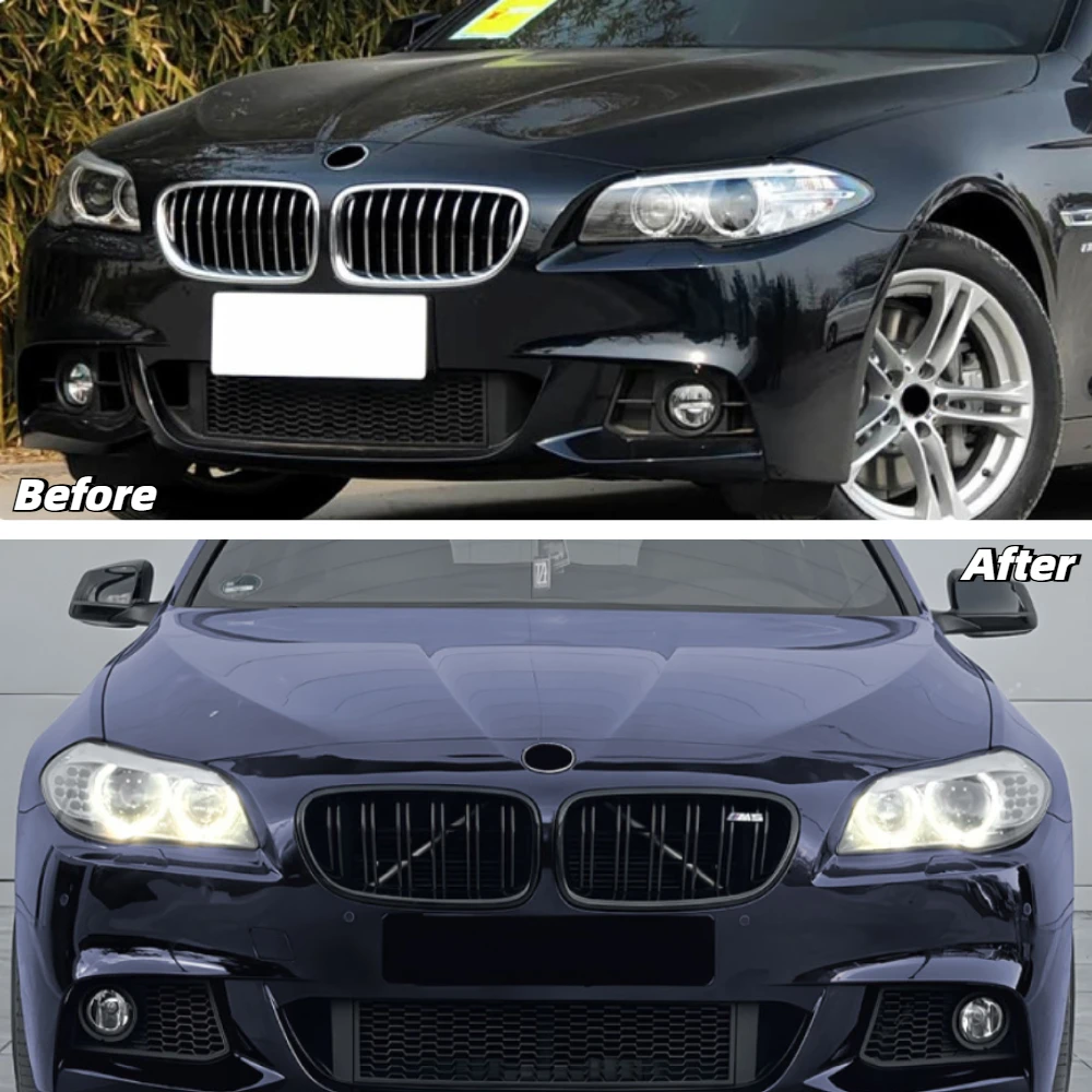 Фото Для BMW 5 серии F10 F11 2011-2017: Передняя гоночная решетка радиатора, глянцевая черная, с двойными линиями, замена автомобильной решетки №2