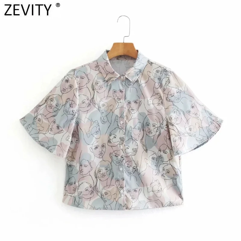 

Zevity New Women Fashion Abstract Portrait Print Breasted Blouse Office Lady Flare Sleeve Casual Shirts Chic Chemise Tops LS9135