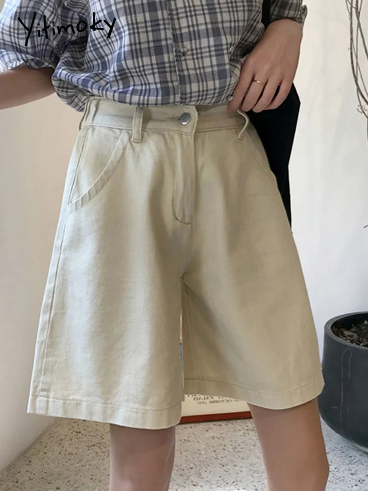 

Yitimoky 2022 New Summer Women High Waist Elastic Waist Wide Leg Denim Shorts Y2K Casual Female Solid Streetwear Stright Shorts
