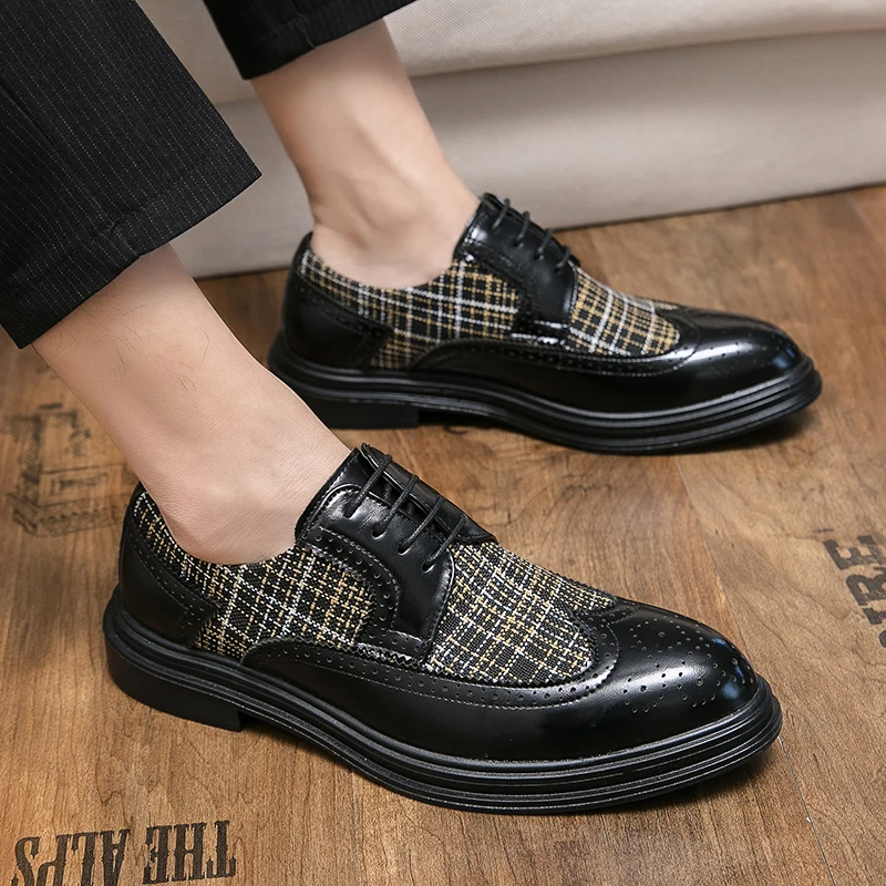 

Men Leather Colorblock Brogue Carving Men's Shoes Business Formal Luxury Shoes Men's Fashion British Style Lace-Up Oxford Shoes