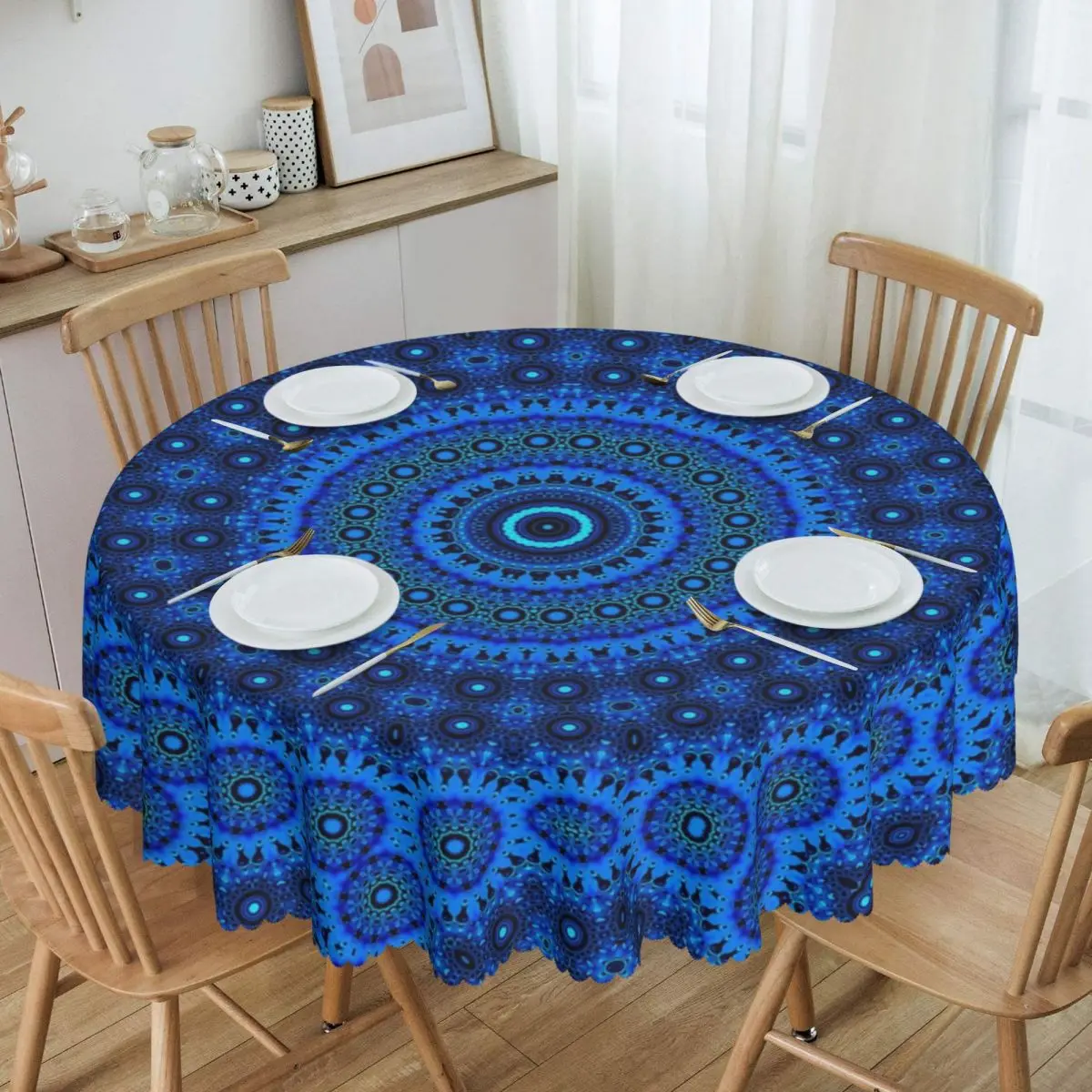 

Delft Mandala Tablecloth Round Oilproof Buddha Buddhism Flower Floral Pattern Table Cloth Cover for Party 60 inch