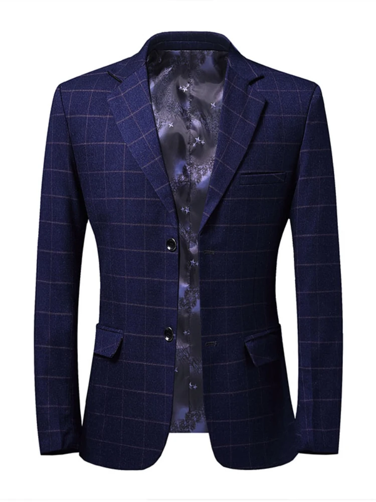

2022 New Fashion Autumn Casual Men Plaid Blazer Cotton Slim England Single Button Suit Blaser Masculino Male Jacket Blazer 3XL
