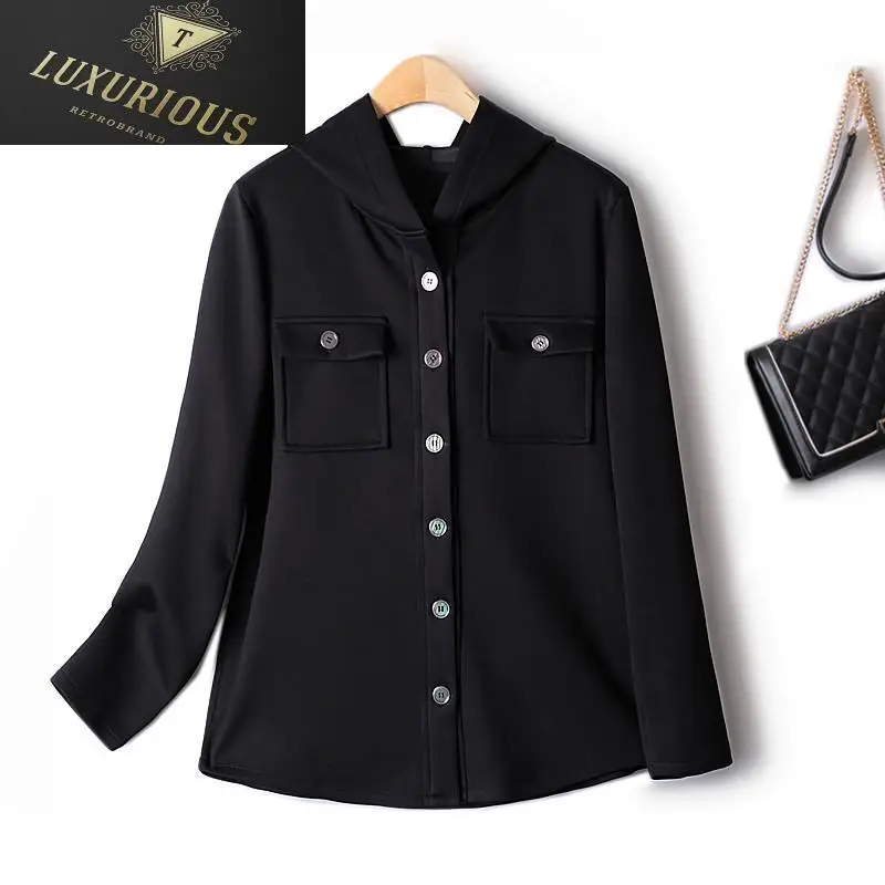 

Hooded Sweatshirts 2024 Autumn New Multi-pocket Single-breasted Cardigan Sweater Women's Simple Black Air Cotton Jackets 4XL