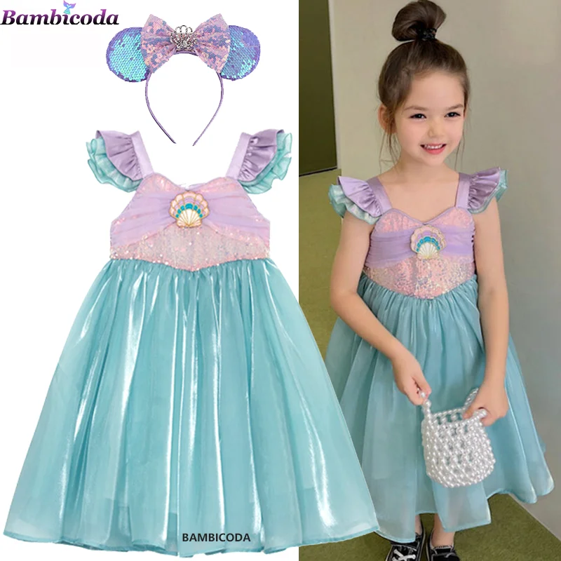 Vestido de La Sirenita para niña, vestido de princesa Ariel, disfraz de fantasía para Halloween, conjuntos de ropa para fiesta de cumpleaños y Carnaval