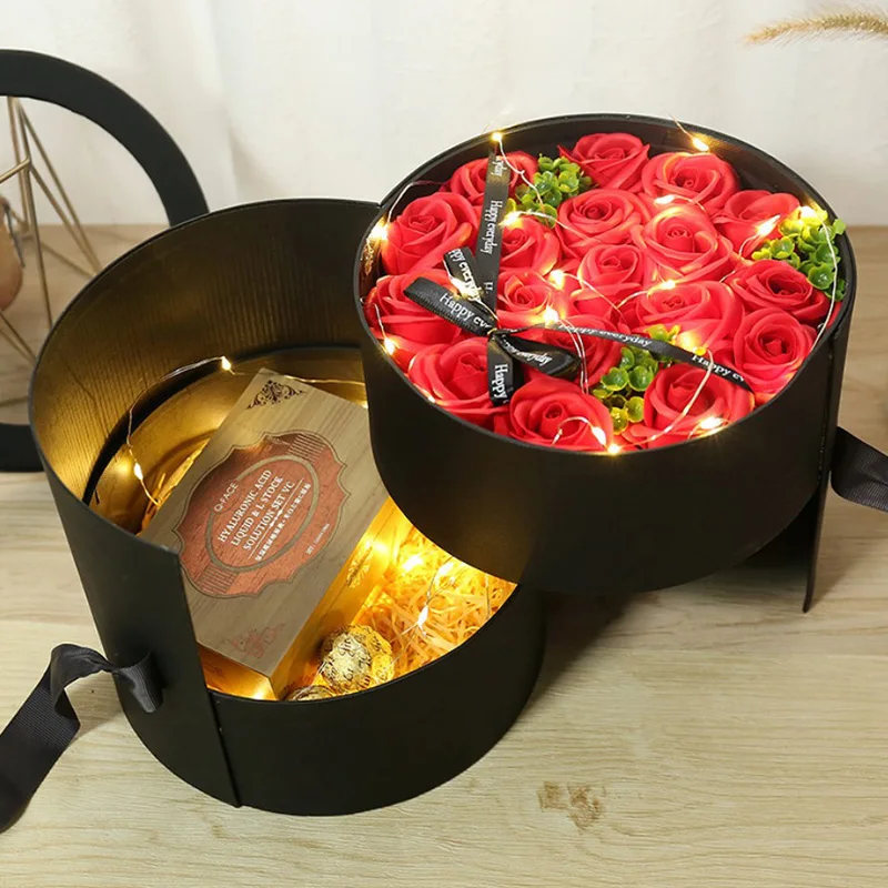 

Round Double Layer Rotating Flower Bucket PVC Window Flower Box Birthday Valentine's Day Christmas Gift Packaging Box