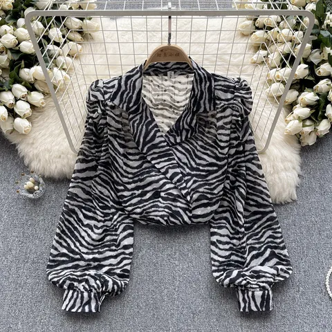 Блузка женская с леопардовым принтом, свободный приталенный дизайнерский Топ с рукавами-фонариками и лацканами, модная рубашка на осень
