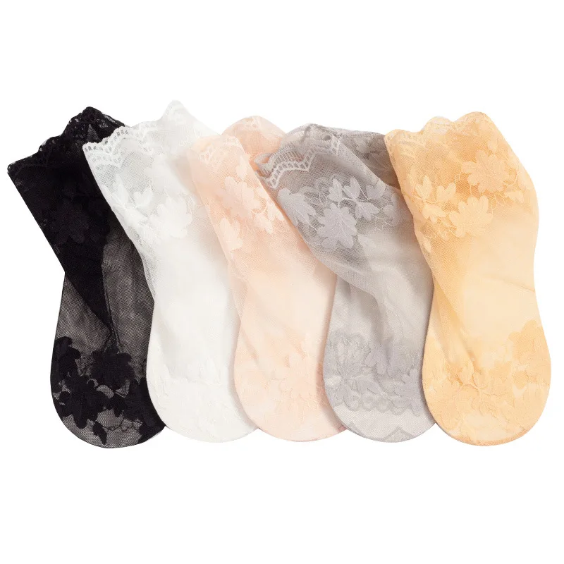 Lolita Women Invisible Lace Socks Thin Female Lace Boat Socks Hollow Non-Slip Shallow Solid Color Transparent Socks Ladies Sock
