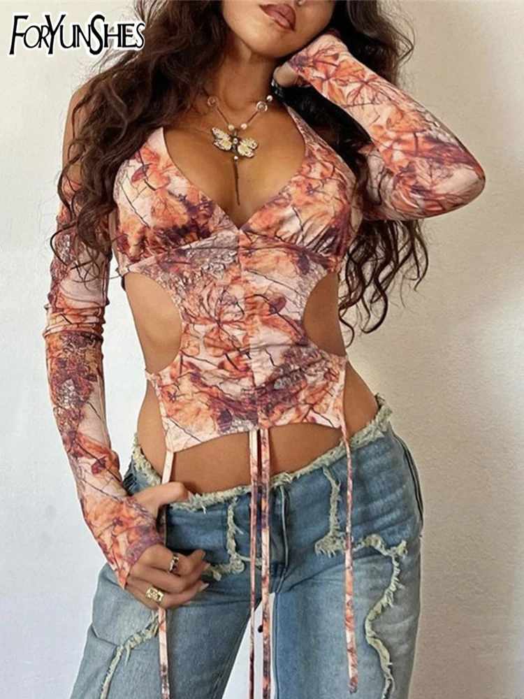 

Sexy Floral Print Cut Out Off Shoulder Tee Shirt Women V Neck Long Sleeve Ribbons Tshirt 2022 Summer Lolita Y2K Clothes