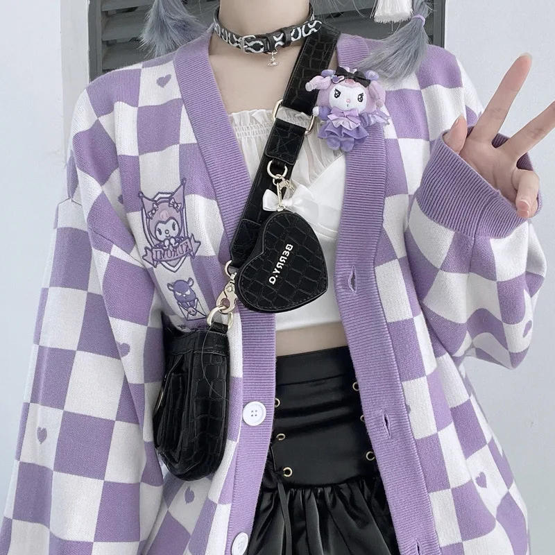 

Sanrio Jk Sweater Uniform Coat Cinnamoroll Kuromi Anime Kawaii Uniform Checkerboard Women's Plus Size Knitted Utumn Winter Loose