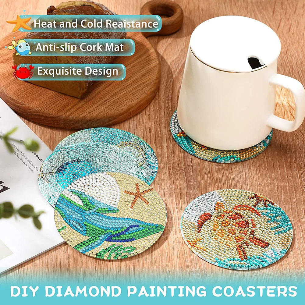

DIY 5D Diamond Painting Coasters Kit With Holder Ocean Art For Adults Kids Blue Coffeeware Teaware Tea Mat Kitchen Accessories