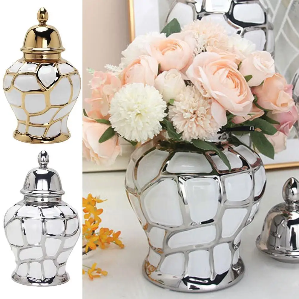 

Vase Gold Grid Ceramic Light Luxury Electroplating General Jar Vintage Vase European Style Handicraft Flower Decoration B9X1