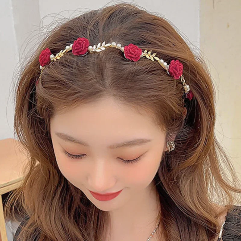 

Vintage Girls Rose Headband Women Korean Version Wreath Hair Accessories Wedding Tiara Metal Leaves Bridal Hair Bands Hair Crown