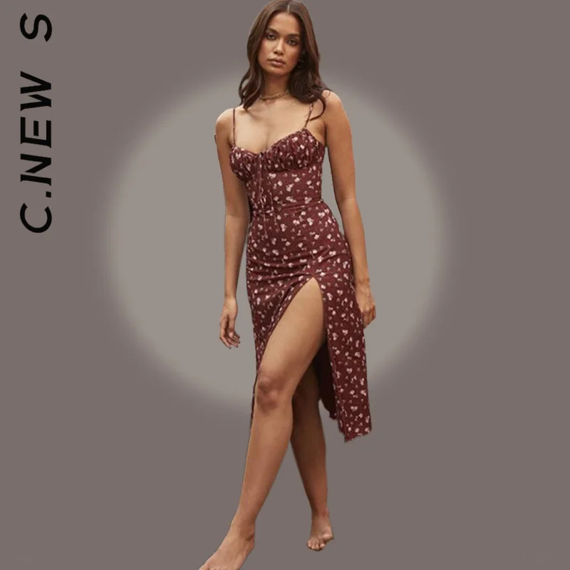 Женское Короткое платье без рукавов облегающее с цветочным принтом и высоким