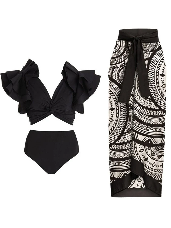 

Модный женский комплект бикини с цветным принтом, бикини с оборками и глубоким V-образным вырезом, бандажный купальник на бретельках, Бразильское бикини, купальный костюм