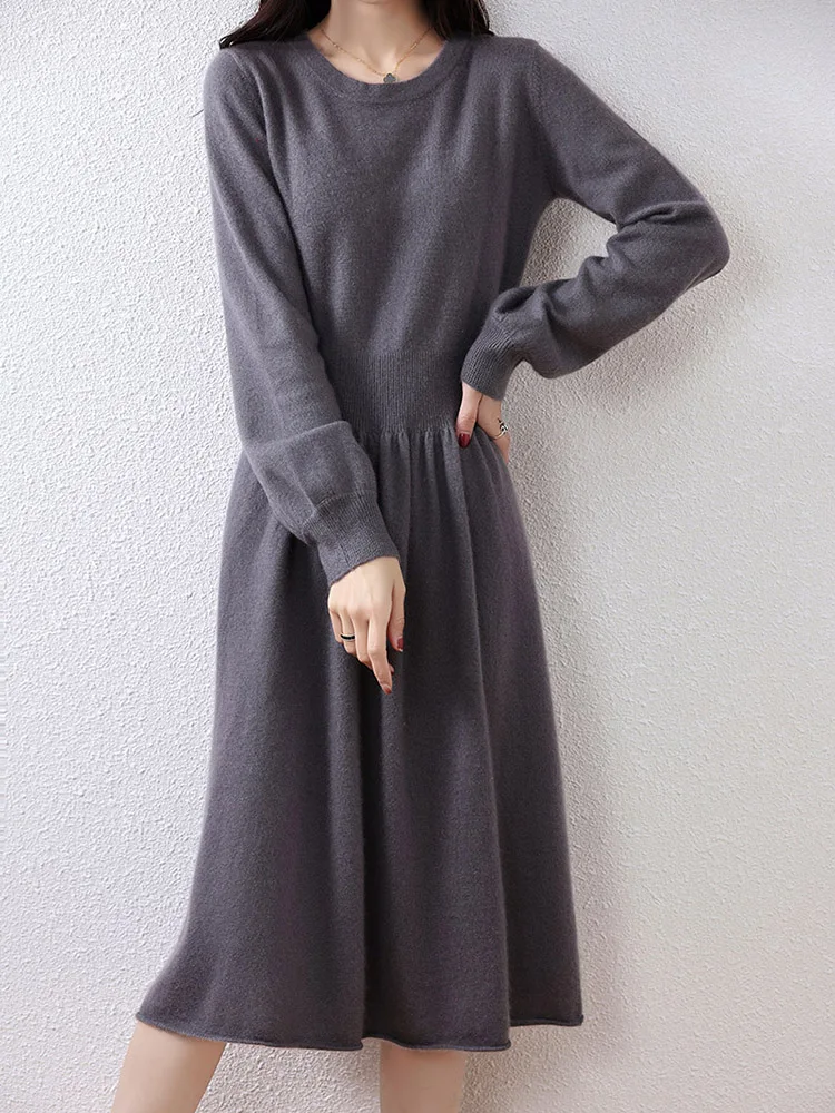 Платье с круглым вырезом 00 из чистой шерсти женское платье-свитер средней длины