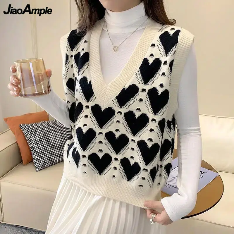 

Women's Fashion Heart Knitted Vest Spring Autumn Winter Korean Lady Graceful Simple Joker V-Neck Tank Tops 2023 New Knitwear
