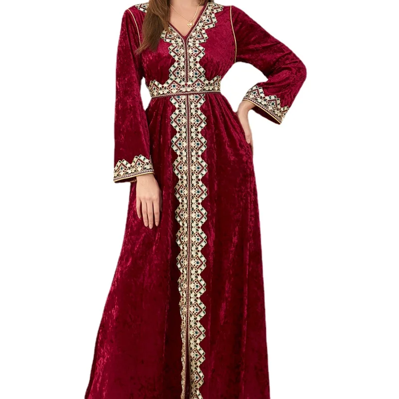 

Muslim Abaya Dress Dubai Floral Embroidery Belted Turkey Moroccan Caftan Luxury Velvet Robe Women's Dresses Free Shipping