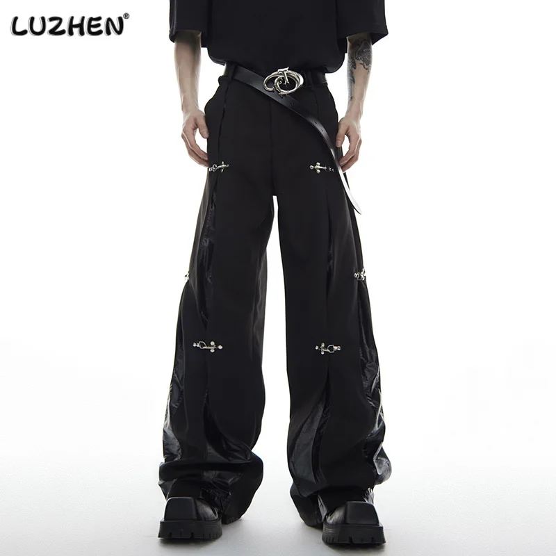 

LUZHEN Men's Leather Trousers Niche Design Pu Spliced Baggy Suit Pants Tide Personalized Straight Wide Leg Casual Pants 9aa93f