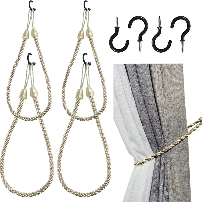 

Holders Cord For Thin Or Thick Window Drapes 4 Pack Curtain Holdbacks With 4 Metal Screw Hooks Beige