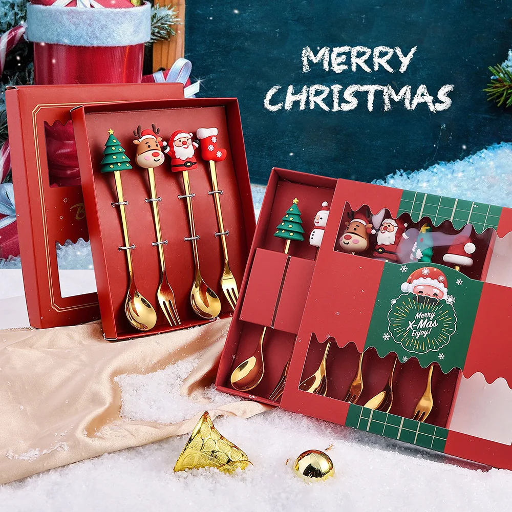 

6/4/2PCS Christmas Gift Glod Spoon Fork Set Elk Christmas Tree Decoration Dessert Scoop Fruit Fork Coffee Spoon Cutlery Set