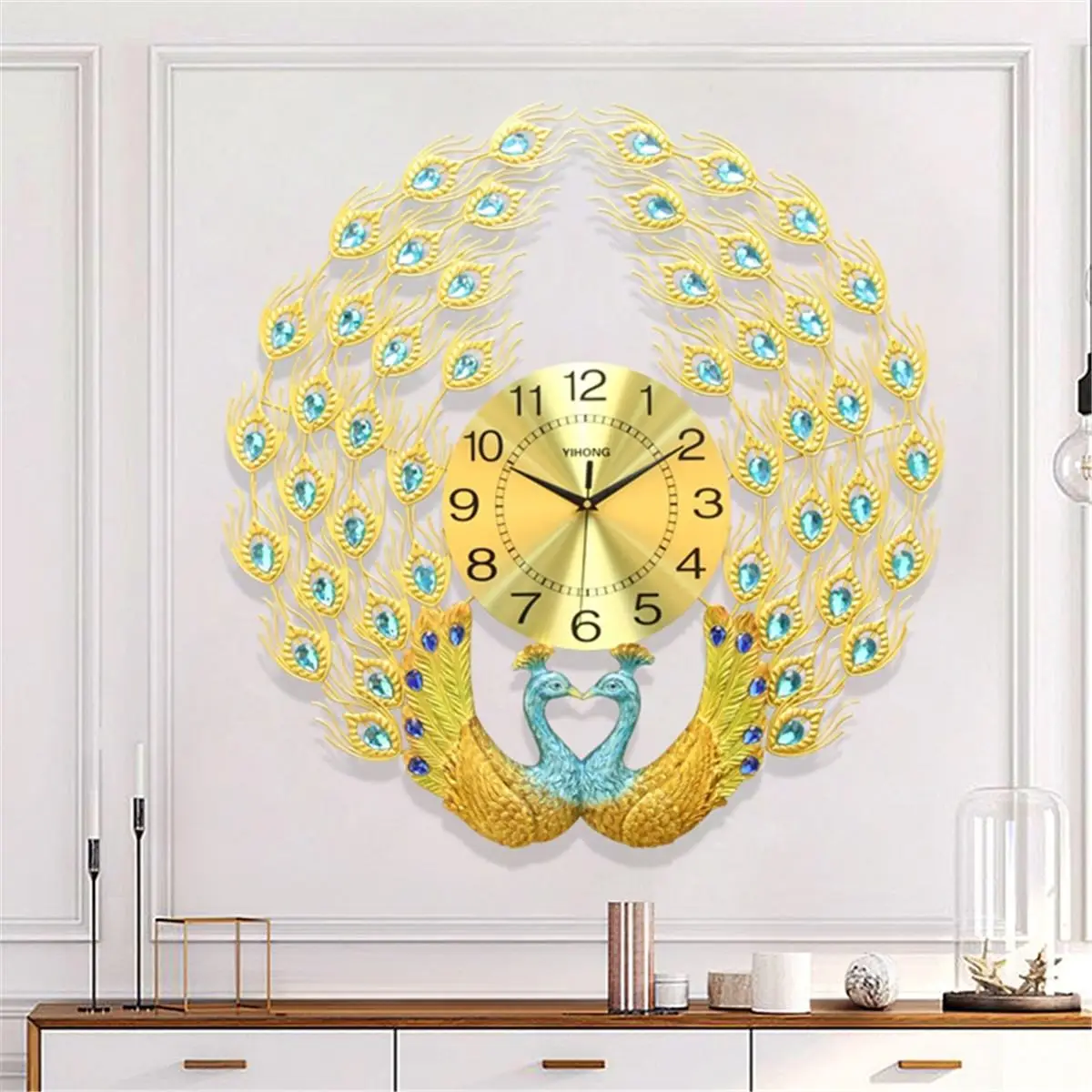 

3D Large Peacock Stype Luxury Wall Clock Gold Colorful Silent Nordic Modern Hanging Clock Living Room Office Home Decor