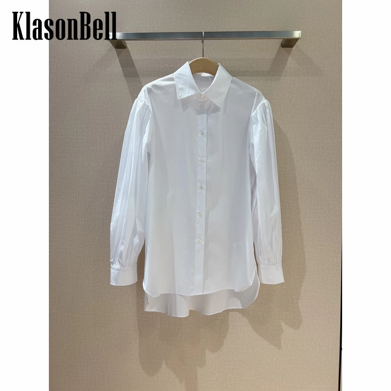 9.6 KlasonBell Temperament Lapel Embroidery Puff Sleeve White Cotton Shirt Women