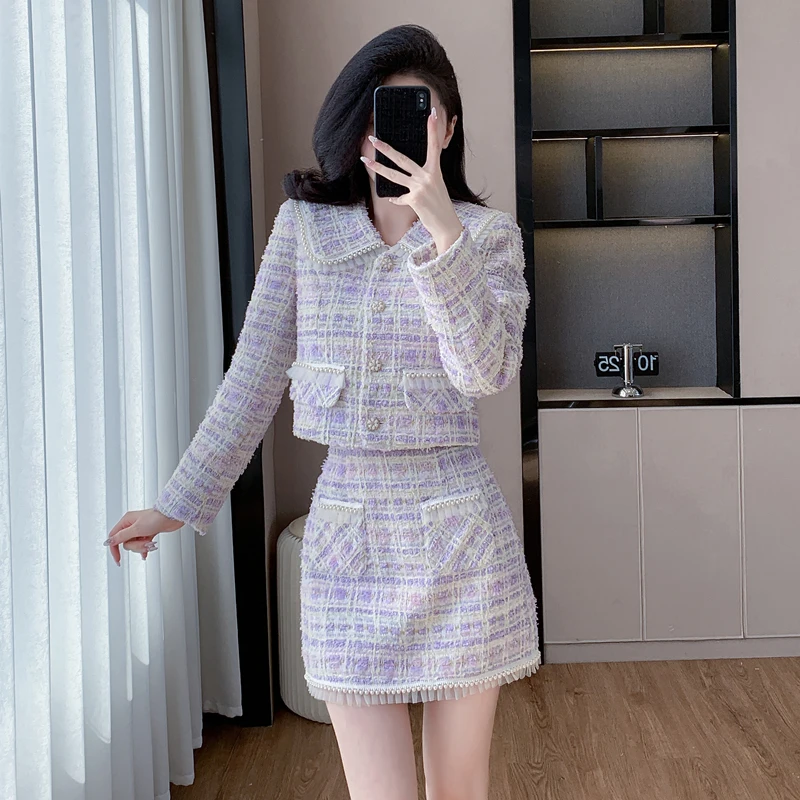 Осень-зима женские элегантные фиолетовые клетчатые твидовые юбки комплекты