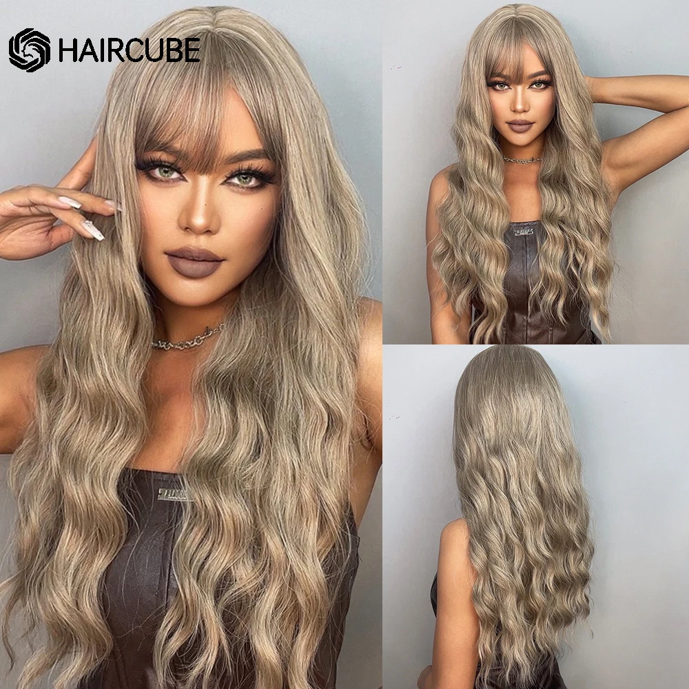 

Длинные волнистые синтетические парики HAIRCUBE, натуральные волнистые парики пепла, блонд, с челкой для женщин, парики для повседневвечерние, ...
