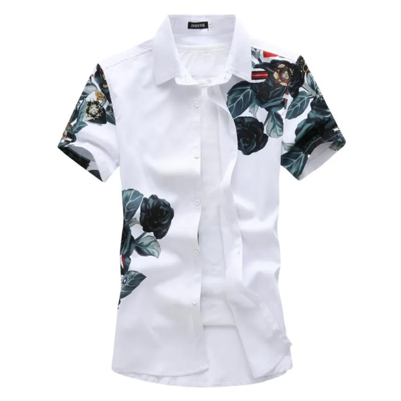 

Summer brand Original Rose Splash ink Printing Men's Casual Short-sleeved Shirts Mens Fashion White Shirt Dress