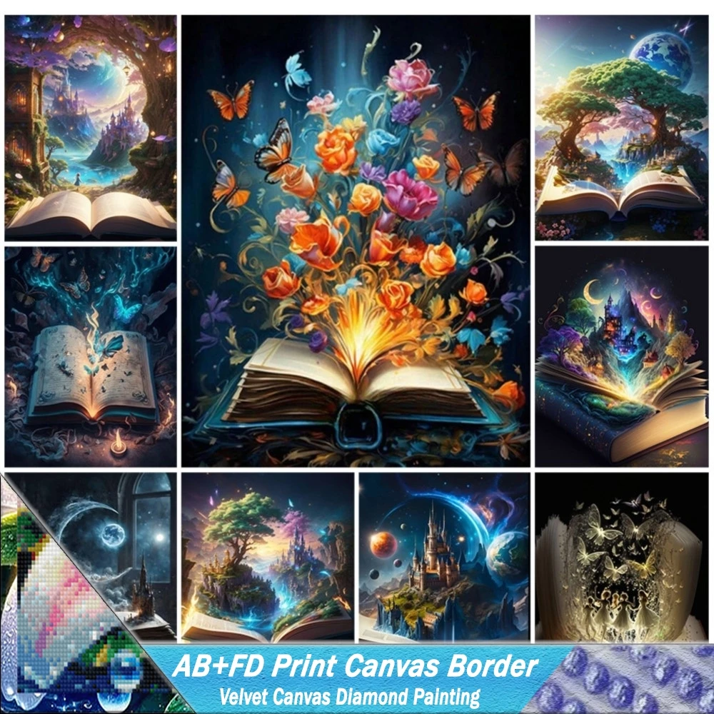 AB + FD принт холст бордюр 5D алмазная живопись волшебная книга мозаика цветок