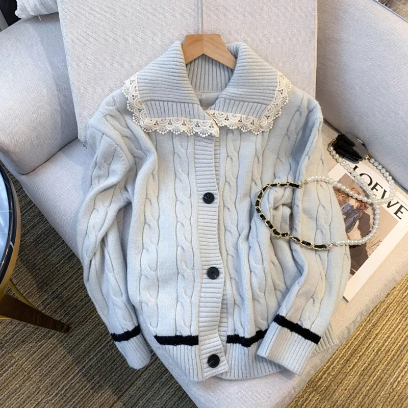 

Женский винтажный кардиган с кружевом, трикотажный кардиган с отложным воротником и длинными рукавами в стиле пэчворк, осень/зима