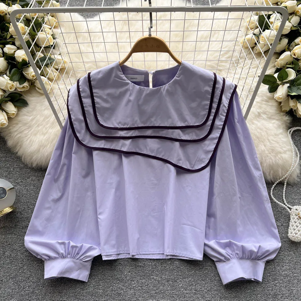 

Spring's New Fashion Women Lapel Edging Contrast Color Loose Long Sleeve Slim Shirt Casual Tops Mujer Blouse E107