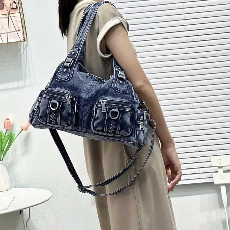 Женская джинсовая сумка в стиле панк голубая плетеная Сумочка через плечо с