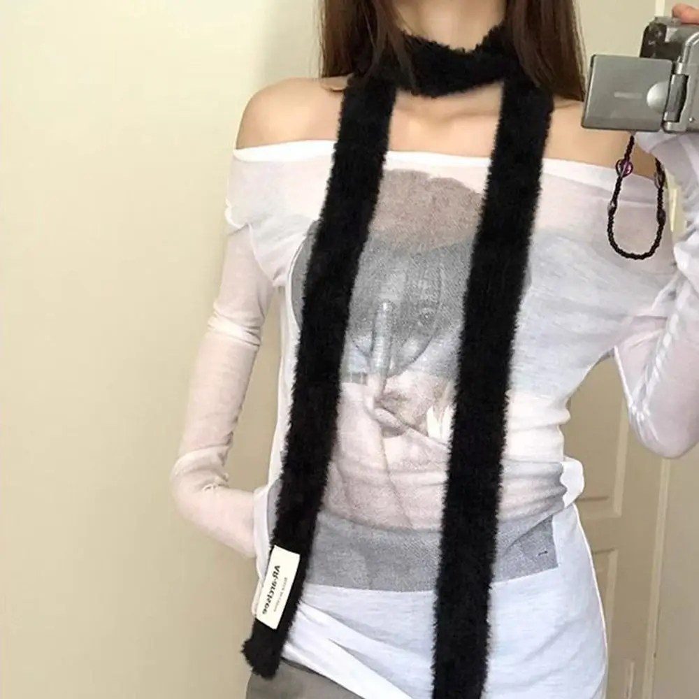 Корейский стиль плюшевый шарф Y2K для девочек однотонный мягкий длинный полосатый
