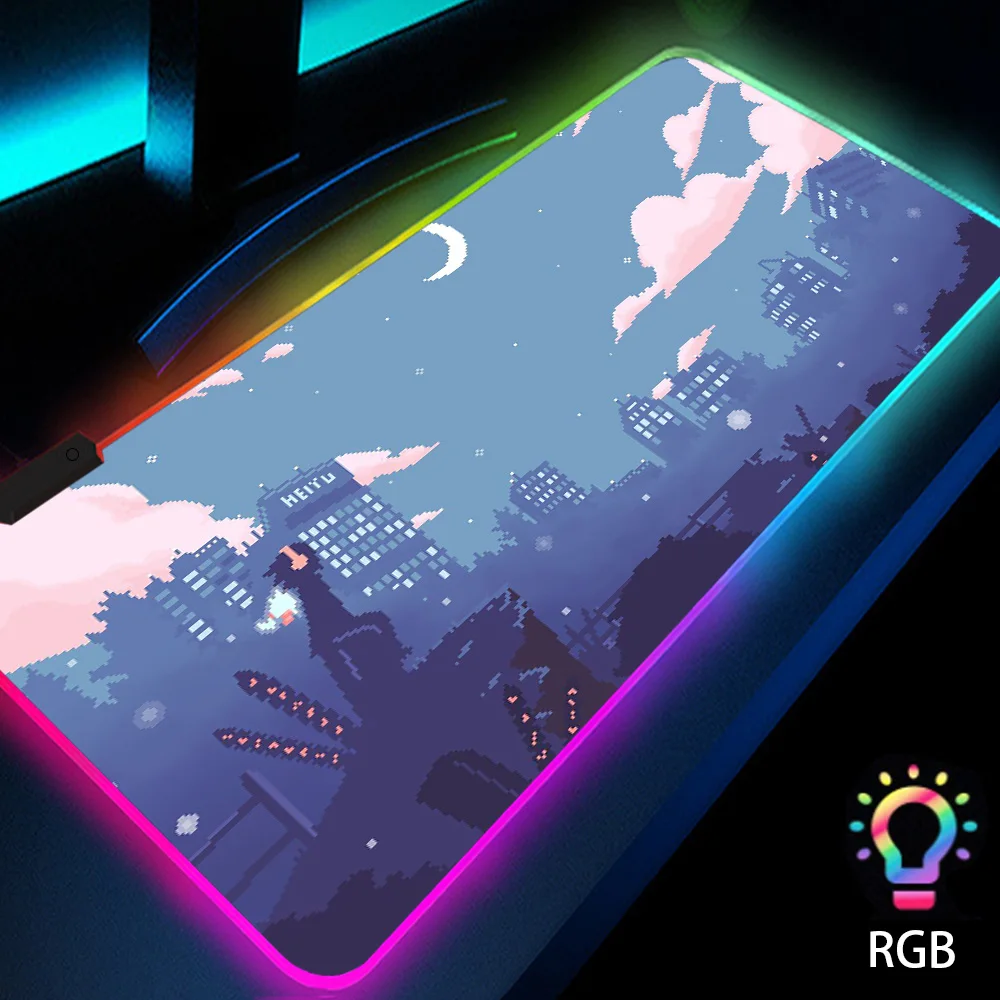 

Пиксельный неоновый японский большой Rgb-коврик для мыши со светодиодной подсветкой и клавиатурой, резиновые аксессуары для офисного стола, милый коврик для мыши 900x400