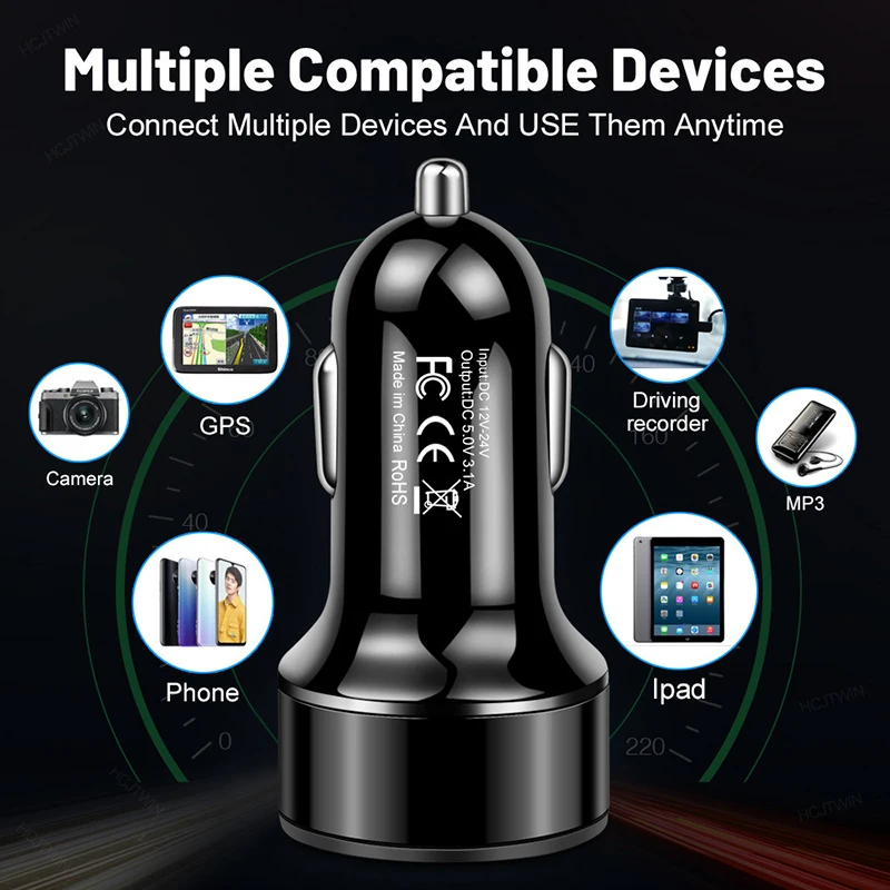 Фото Автомобильное зарядное устройство с двумя USB-портами, LED-дисплеем, выходом 3.1A, адаптер из ABS-пластика, защита от низких температур, для планшетов, смартфонов, iPhone 17, 16 Pro №4