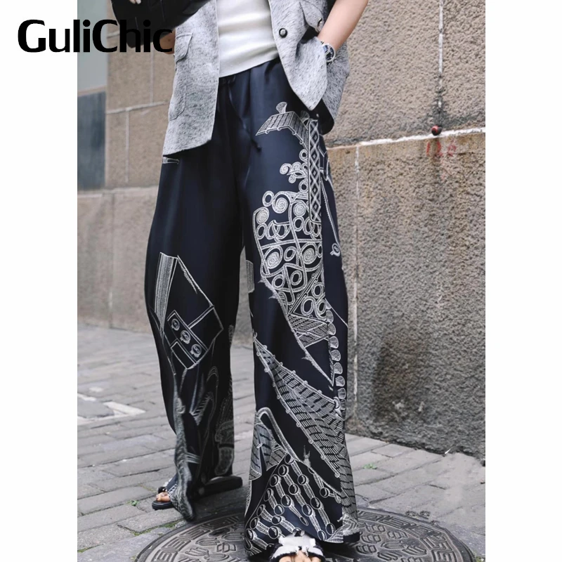 7.2 GuliChic Women Vaintage Street Pattern Print Drawstring High Waist Silk Casual Wide Leg Pants