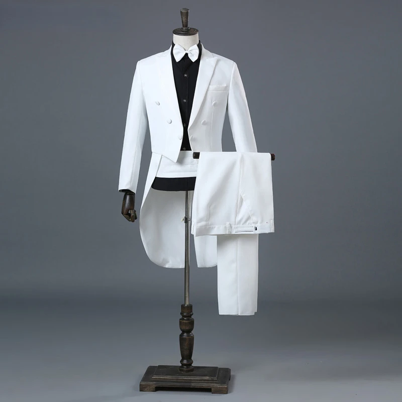 

Мужские белые элегантные свадебные костюмы смокинга для жениха из 4 предметов (пиджак + брюки + Блуза + галстук) фирменные приталенные костюм...