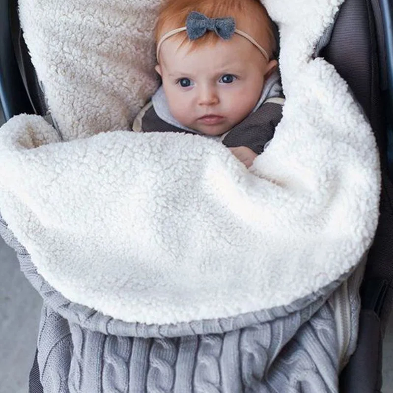 

Newborn Baby Sleeping Bags Winter Stroller Blanket Footmuff Thick Soft Warm Knitted Crochet Wool Swaddle Wrap Infant Sleep Sack