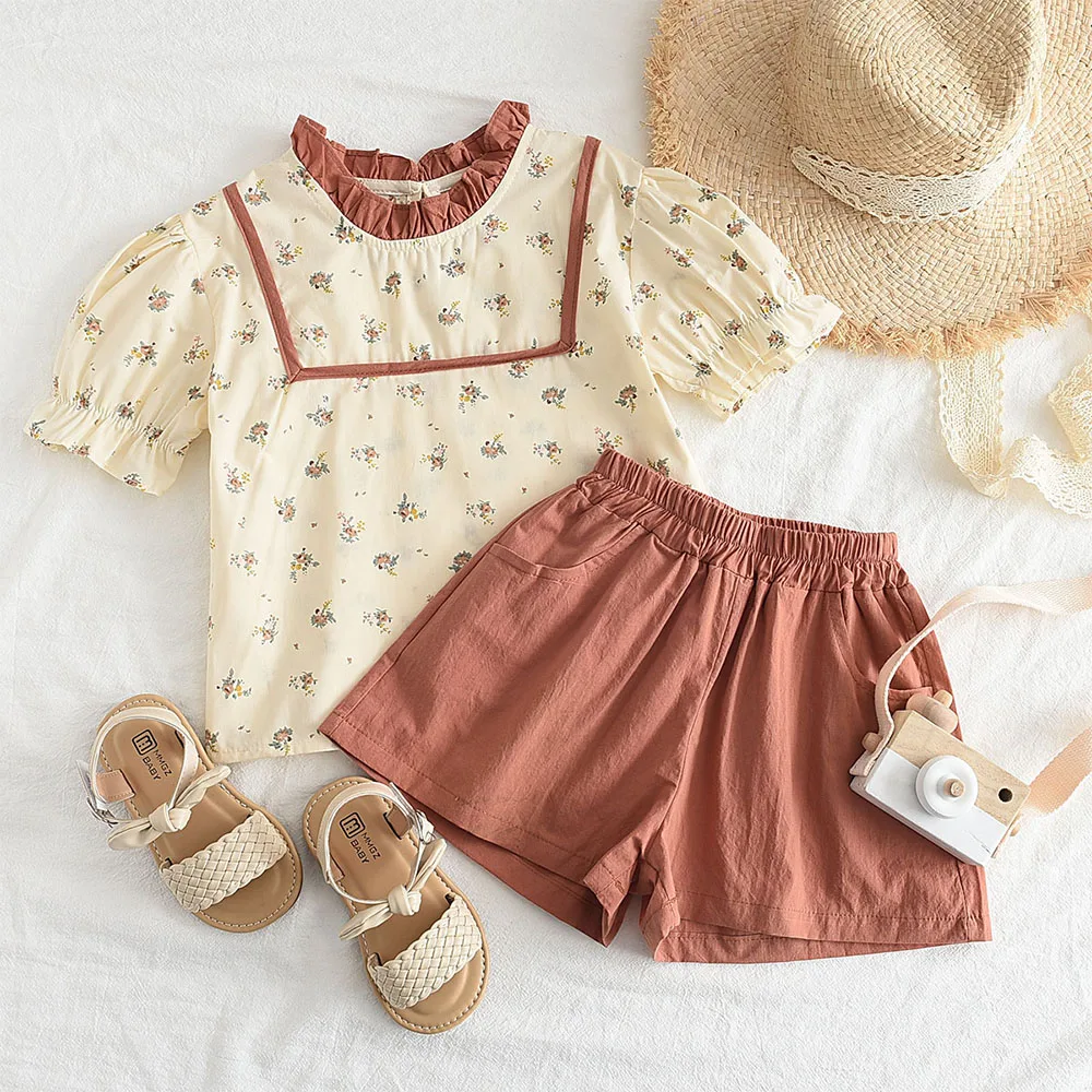 

Melario/летние детские комплекты с цветочным принтом Новая футболка с цветочным принтом комплект из 2 предметов: топ + шорты, хлопковая одежда для малышей комплекты повседневной одежды для девочек