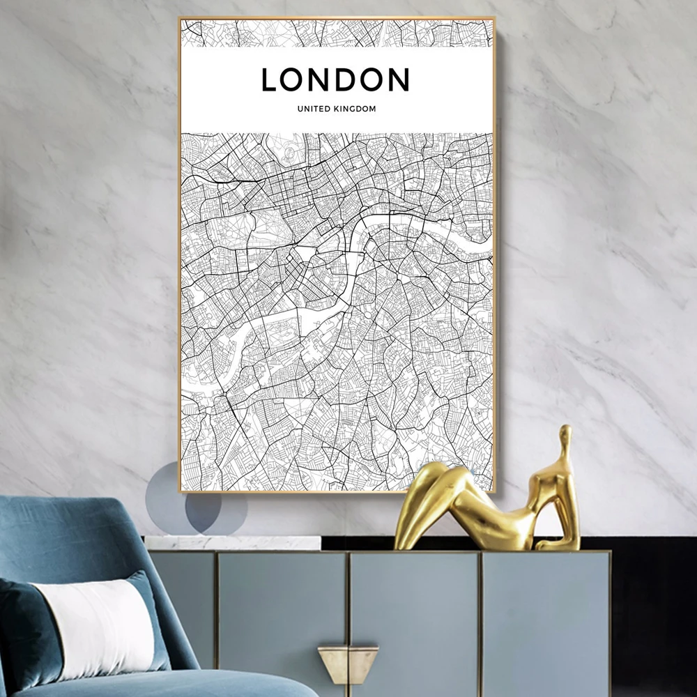 

Черно-белая карта города мира и Лондона, настенная живопись, подходит для гостиной, Современное украшение для дома