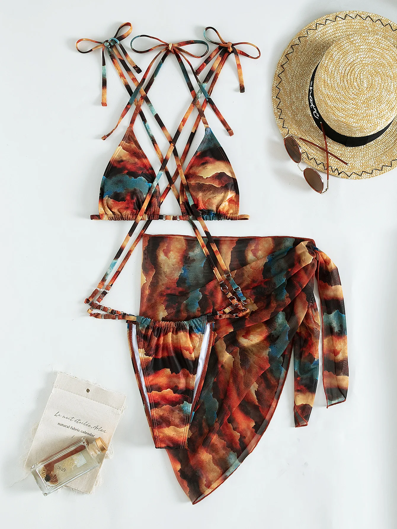 

New Gradient Print Lace-up Mesh Dress Sexy Three-Piece Swimwear Swimwear Women