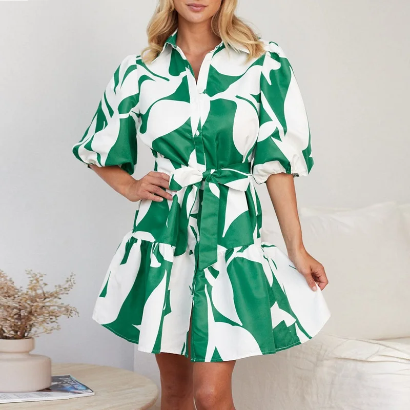 

YEMOGGY Elegant floral prints Dresses for Women Summer Dress 2023 New lapel Short lantern sleeve Lace-up Slim A-line Mini dress