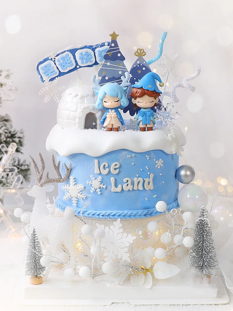 

Merry Christmas Cake Topper Accessories Blue Ice Snow Elf Boy and Girl Doll Cake Decoration Igloo Snowflake Crystal Deer Party